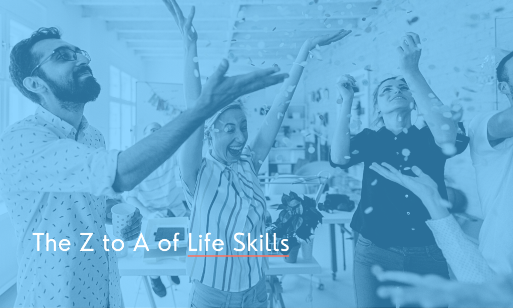 C is for celebrate - an image of a group of work colleagues celebrating by throwing confetti in the air. They have their arms up in the air and huge smiles on their faces.