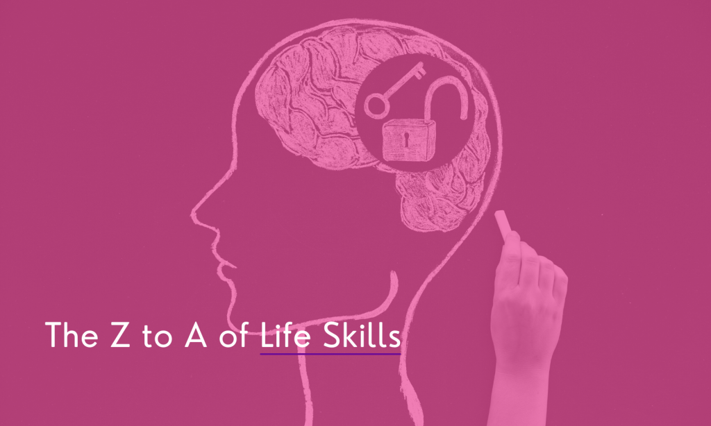 An image of a side profile of a head drawn out of chalk on a chalk board. There is a key and an open lock drawn in the brain representing someone opening their mind. The words read 'The Z to A of Life Skills'.