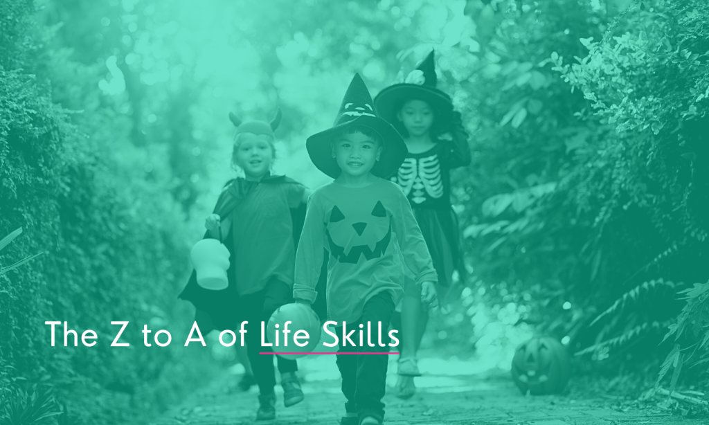 A group of children out trick or treating in their Halloween costumes.