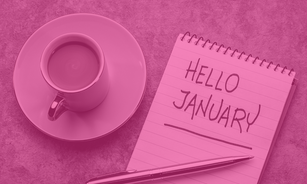 A photo of a pad of paper with the words 'Hello January' on next to a cup of coffee.
