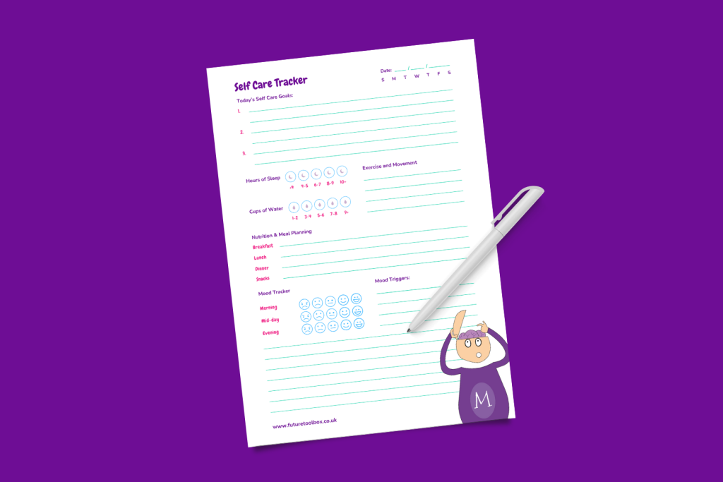 Mock-up of an A4 downloadable Self-Care Tracker on a purple background.